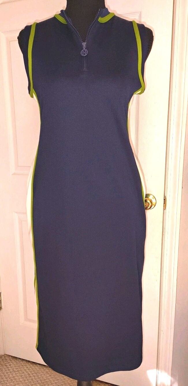 Tory Sport Navy Blue Green Colorblock Sleeveless Quarter Zip Midi Dress Small S